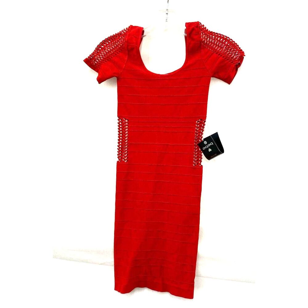 NWT Bebe Women's Red Short Sleeve Mesh Pullover Bodycon Dress Size Small